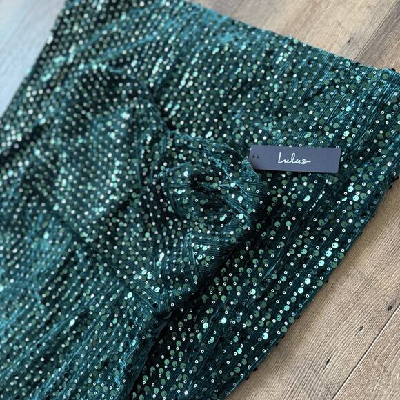 Lulus NWT $79 Sequin Maxi Dress Emerald Green Velvet Strapless Slit Womens XS - Picture 5 of 6